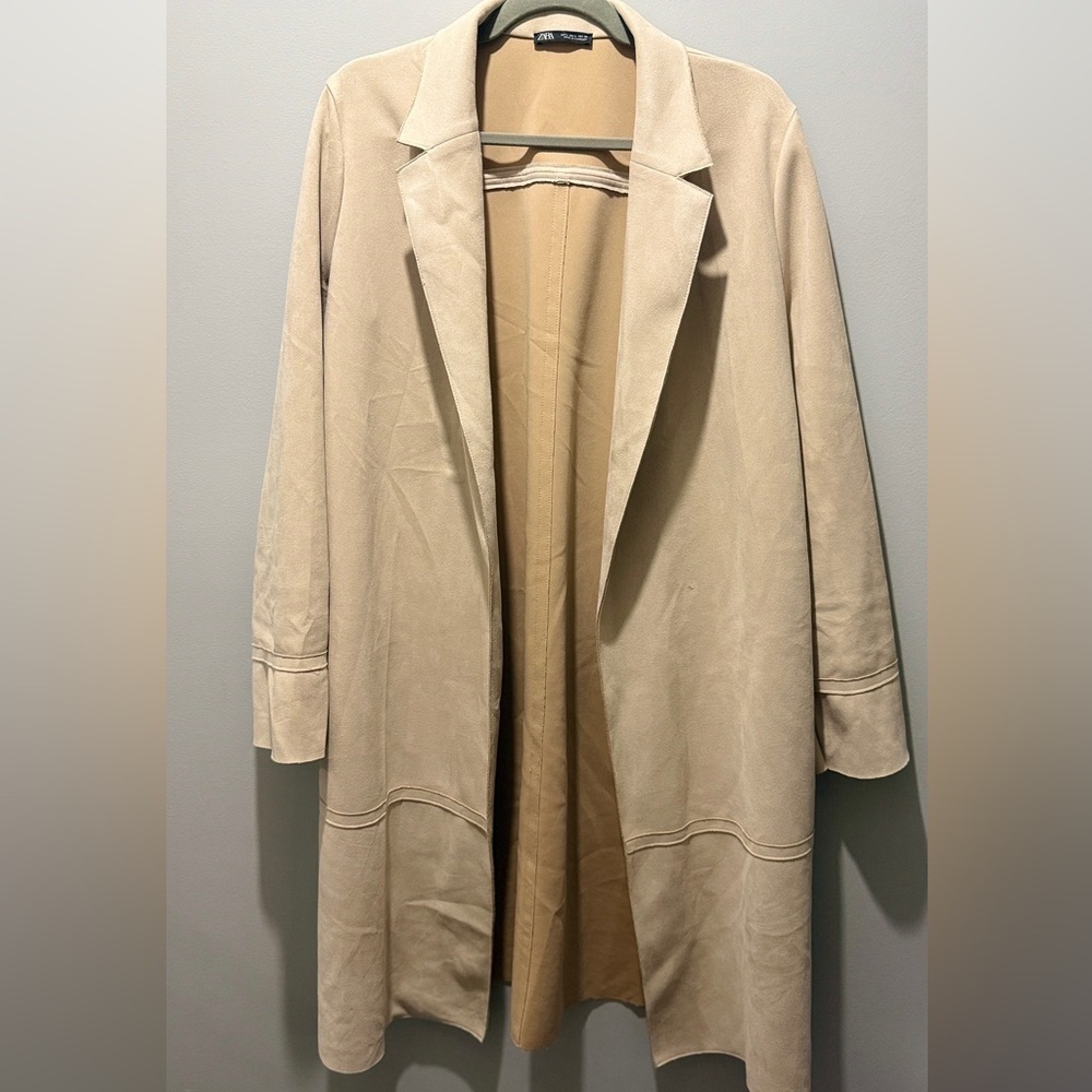 ZARA Women’s Long Sleeve Open Front Long Faux Suede Jacket - Tan - Picture 2 of 11